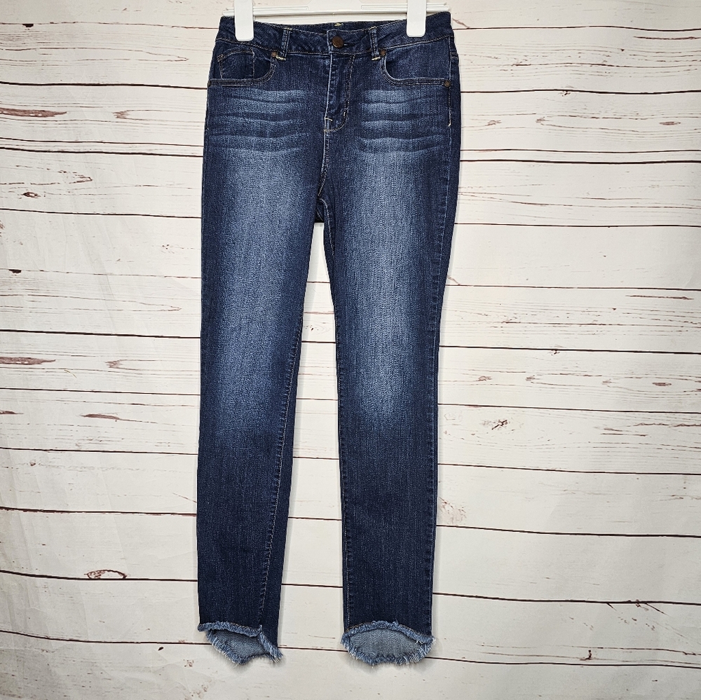 1822 Denim Blue Skinny Stretch Jeans with Frayed High Low Hem